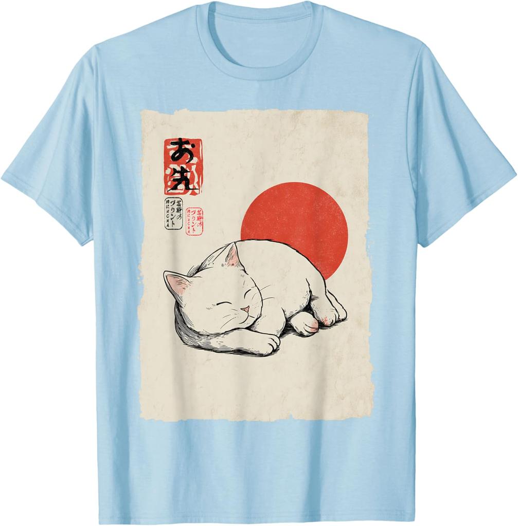 Gatto Bianco Dormiente Arte Giapponese Stile Ukiyo E Maglietta Grafica Casual in Cotone