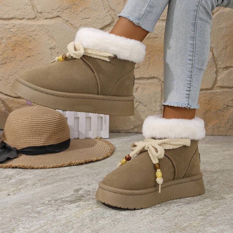 Fashion Women's Thick Bottom Furrry Snow Boots Winter 2025 Lacu Up Bowknot Fur Ankle Boots Warm Short Plush Designer Shoes for Woman