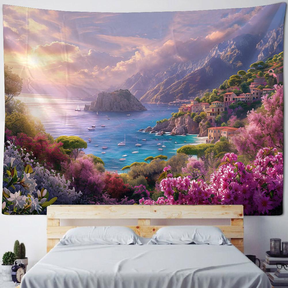 Schöne Küstenlandschaft Wandteppich Hängend Traumhafter Schloss-Wandteppich Haus Schlafzimmer Hängendes Tuch, Strand Picknickmatte Yogamatten