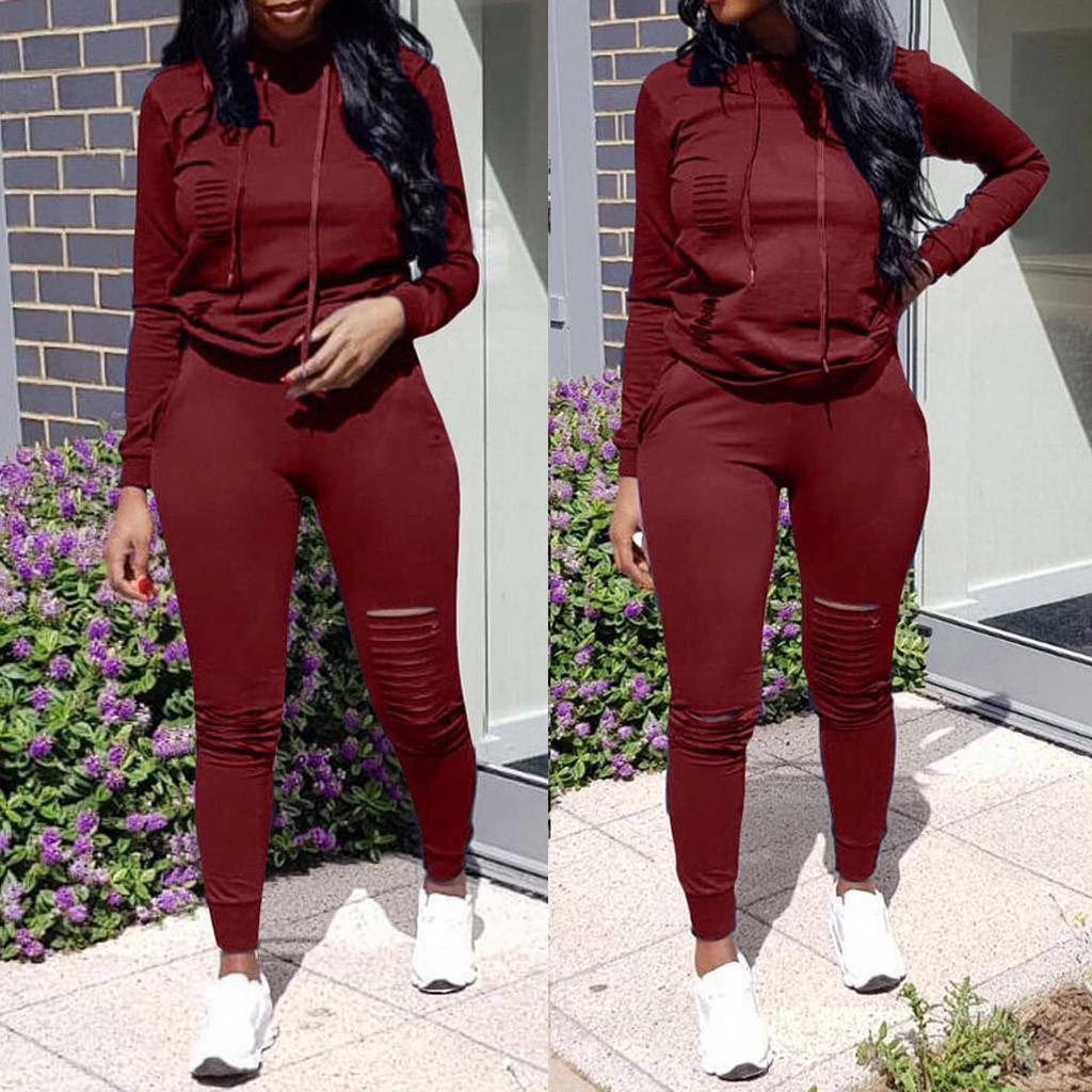 Fashion Womens Long Sleeve Hole Pocket Hoodies Drawstring Pants Loose Tops Set