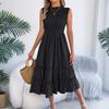 Women's Fashionable Color Round Neck Casual Sleeveless Dress With A Gathered Waist And Black Fungus Edge