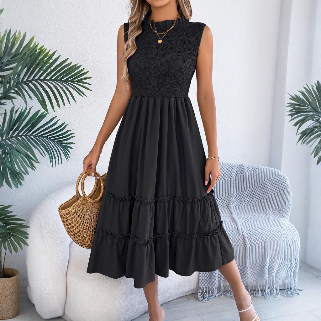 Women's Fashionable Color Round Neck Casual Sleeveless Dress With A Gathered Waist And Black Fungus Edge