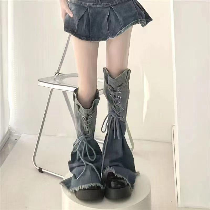 Millennium Spice Girl stopniowo zmieniający kolor denimowy ochraniacz na nogi cienki i o wysokim poczuciu designu paski frędzle tuba buty i skarpety wszechstronny