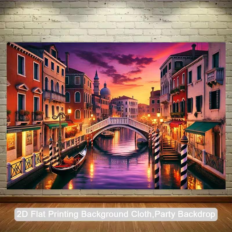 2D Romantic Backdrop, Venetian Canal with Historic Buildings and Twilight Sky Background