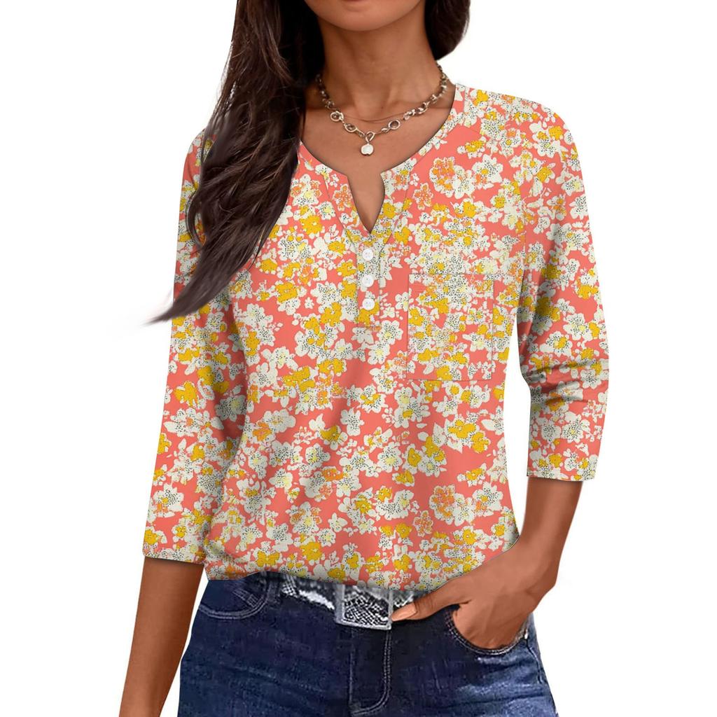 Damska Codzienna Modna Dekolt V Luźna Wszechstronna Kwiatowy Wzór Rękawy Trzyczwarte
