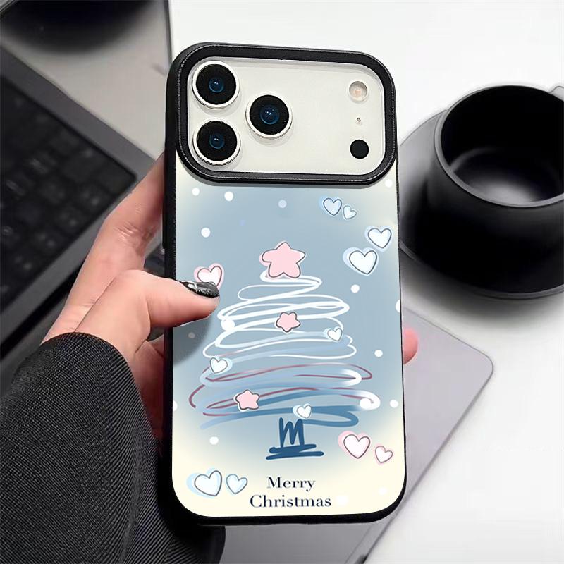 Blue Line Chirstmas Tree Design Shockproof Case for iPhone 17 16 15 14 Pro Max 13 Air - Flexible TPU Cover with Leather Texture