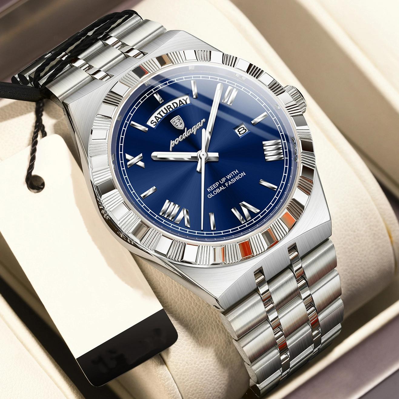 

POEDAGAR Luxury Business Man Watch Week Date Waterproof Luminous Watches For Men Stainless Steel Quartz Men s Fashion Wristwatch срібний/синій