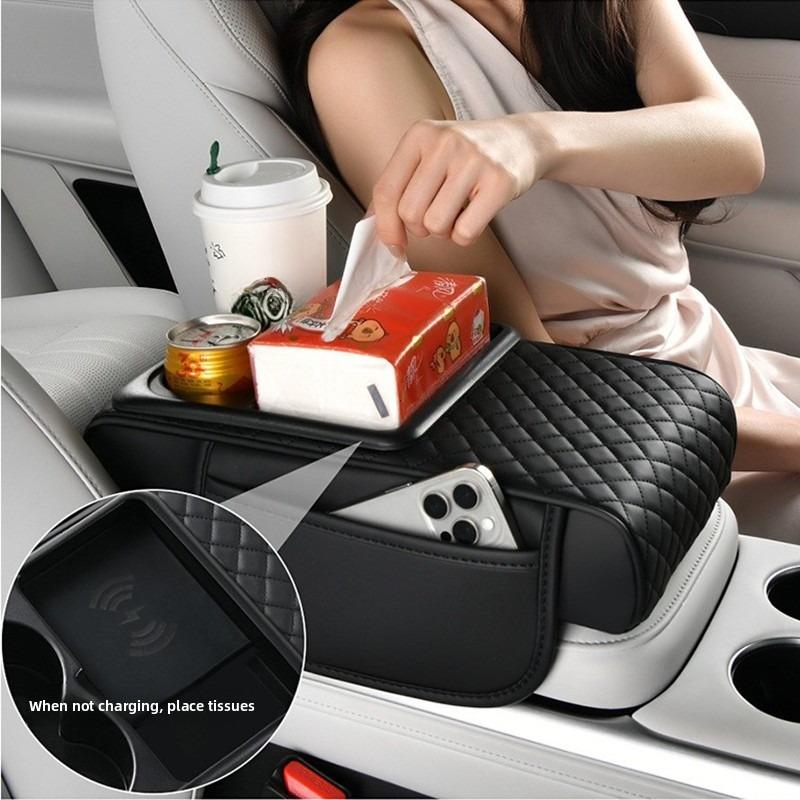 Multifunctional Car Armrest Box with Wireless Charging, Thicken Height Pad Arm Rest Cushion Storage Box Phone Cup Tissue Holder
