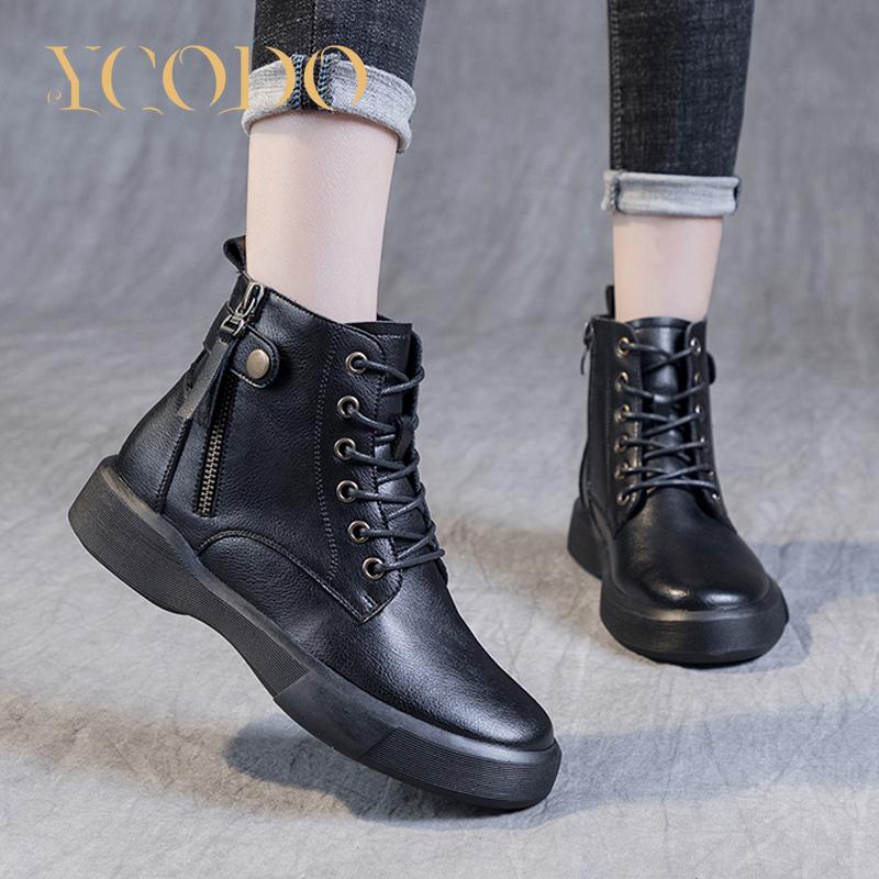 Jesienne i zimowe damskie buty ze skóry naturalnej, dziewczęce skórzane buty studenckie, z aksamitnymi, ciepłymi i wygodnymi antypoślizgowymi botkami