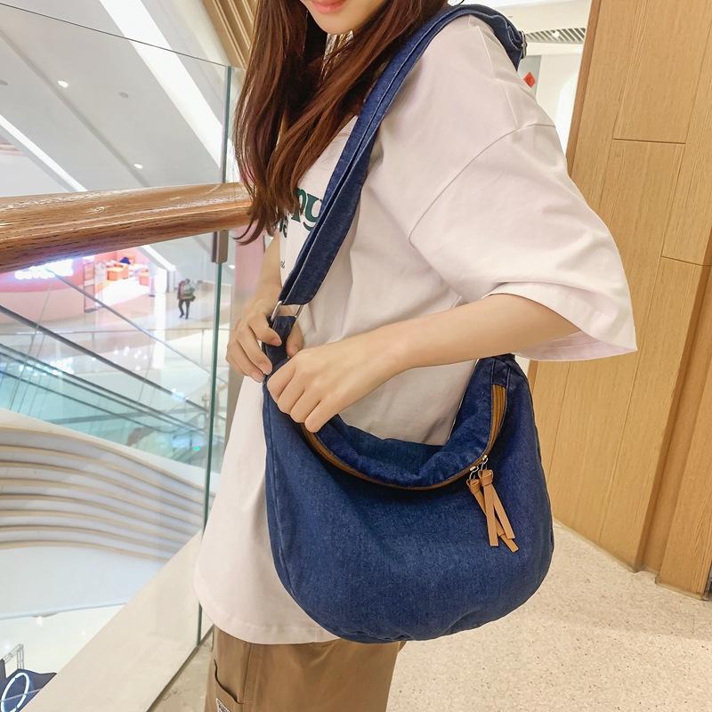Women's Vintage Denim Hobo Bag Zipper Crossbody Bag All-Match Bag For School Work