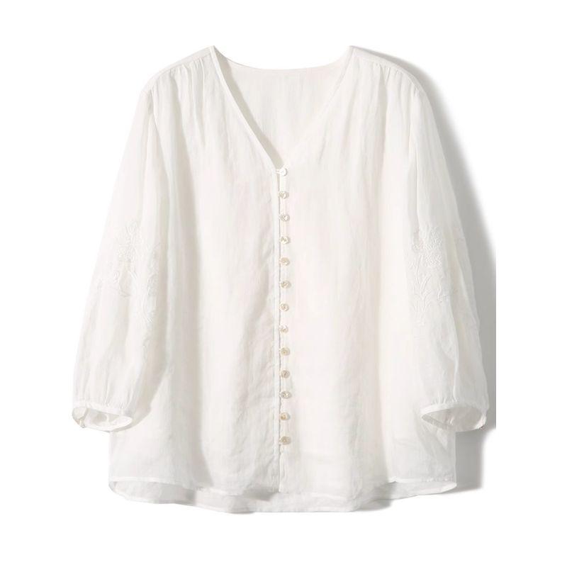 

Season-Changing Leak-Picking Loose Top Commuter Mulberry Silk Shirt White XS