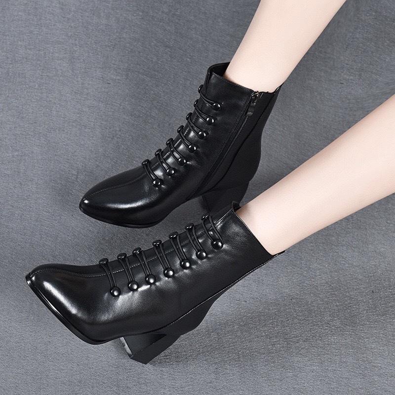 Fashion Short Boots Autumn and Winter New Pointed Thick Heel First Layer Cowhide Double-breasted Side Zipper Women's Leather Boots