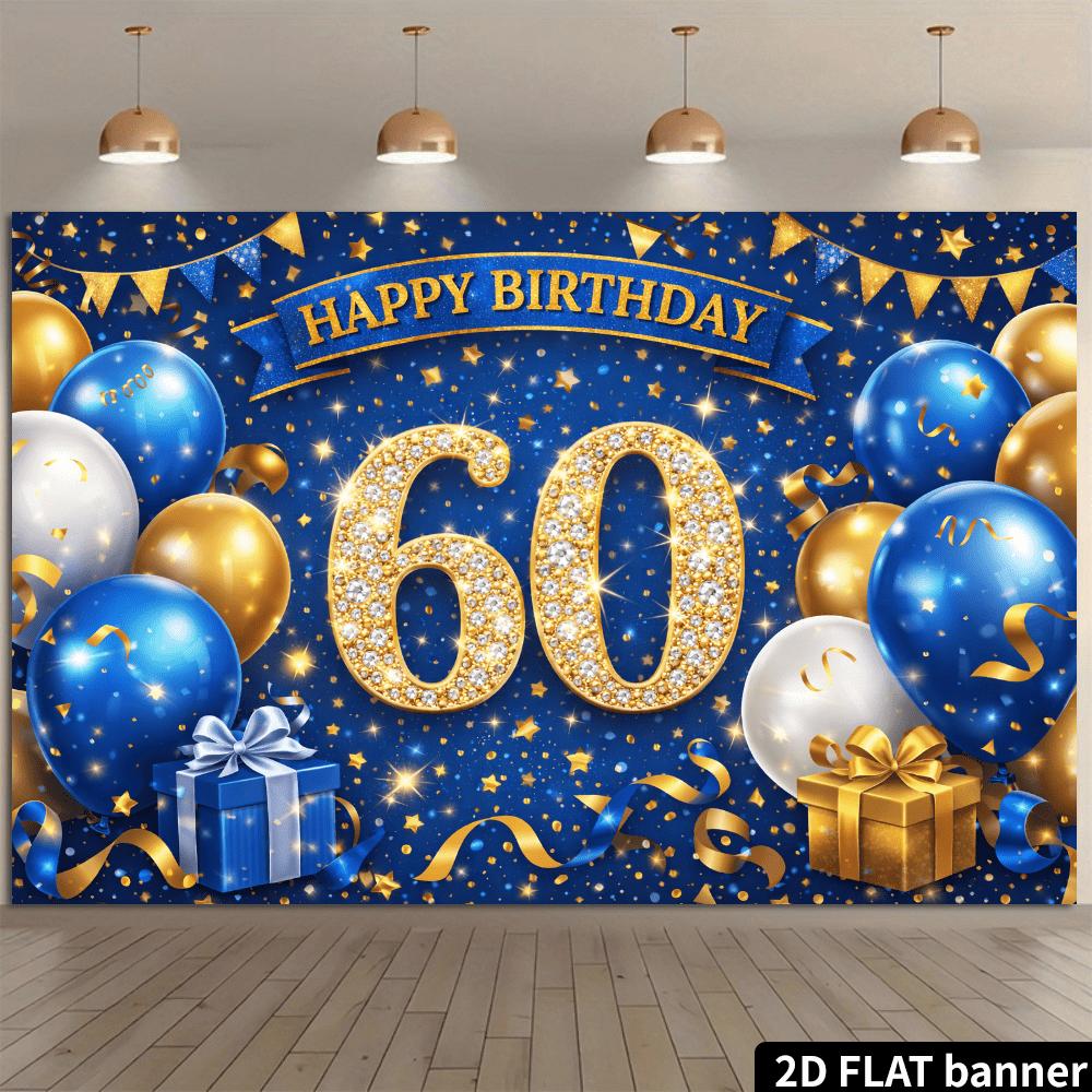 2D plane 60-year-old diamond-encrusted digital birthday background cloth, navy blue starry background with diamond encrations