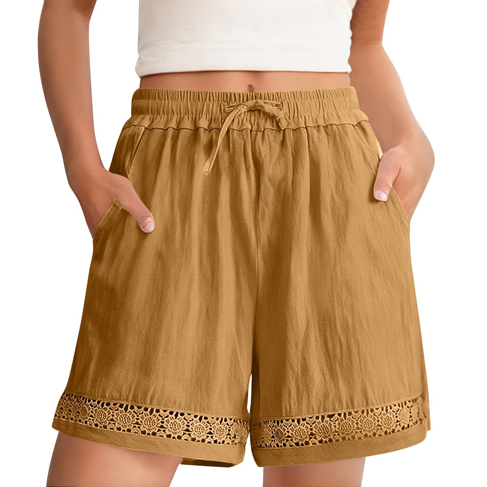 

Women s Fashionable Casual -Colour Vintage-Inspired Lace-Up Cotton-Linen Blend Shorts With Drawstring Waist XL жовтий