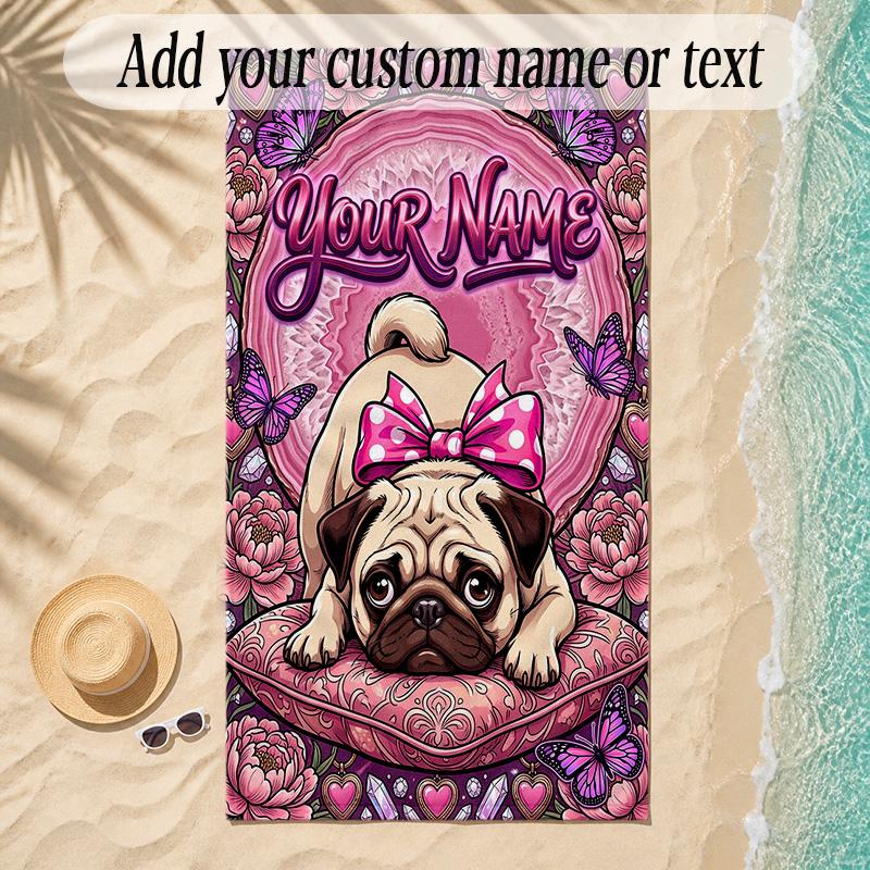 Pug Theme Soft Beach Towel Personalized Custom Name Text Towel Portable for Beach Pool Travel