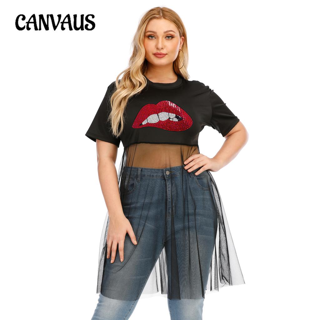 חולצת טריקו לנשים קיץ במידות גדולות רקמה רשת שחבור חולצות חולצות עם שרוולים קצרים