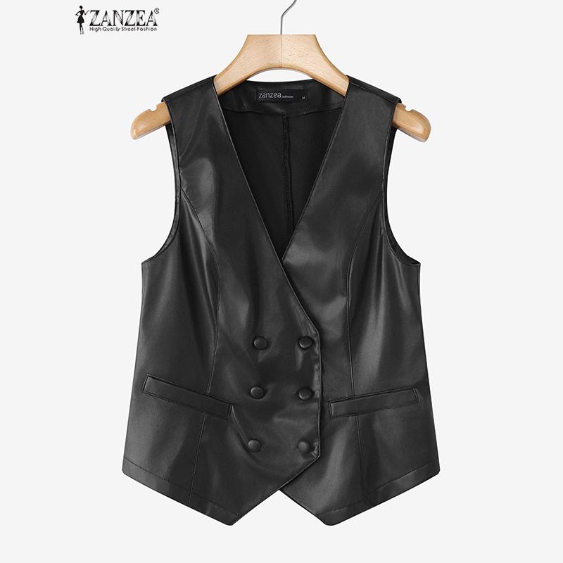 ZANZEA Damski casualowy kardigan bez rękawów z dekoltem w serek ze sztucznej skóry PU