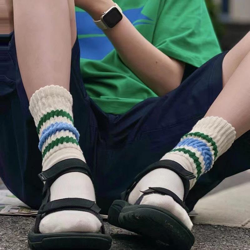 Trendy Japanese Thick Striped Slouch Socks - Retro Towel Bottom Mid-Calf Style for Men & Women