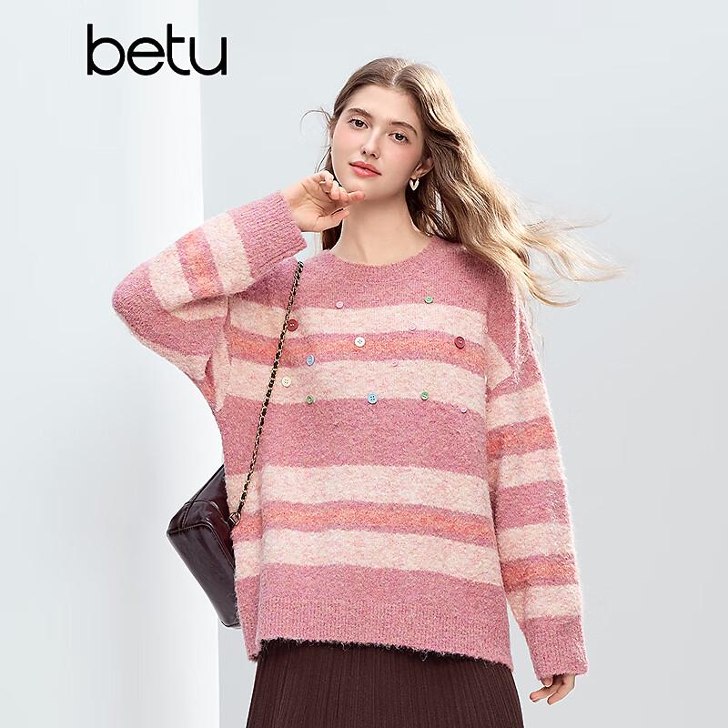 Betu Women's Striped Drop-Shoulder Sweater with Colorful Buttons