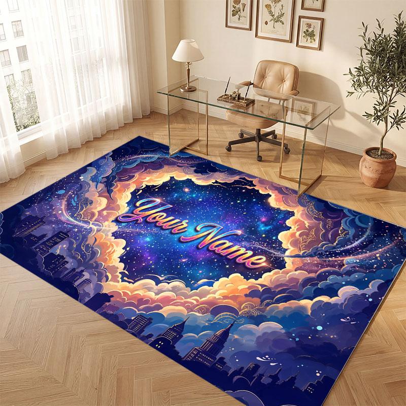 Space Cosmic Theme Crystal Velvet Floor Rug Personalized Custom Name Text Warm Carpet Home Decoration