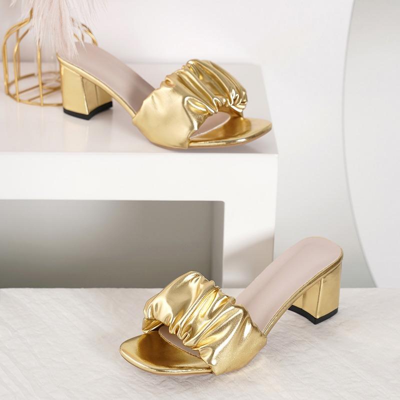 

High-heeled sandals women s summer new thick high-heeled slippers square head versatile fashion pleated one-word slippers 35 золотой
