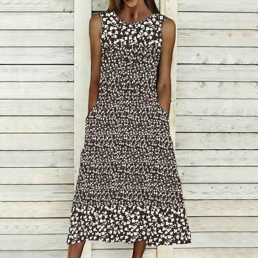 Women Oversized Sleeveless Crew Neck Dress Soft Watercolor Floral Loose Mid Calf Gown