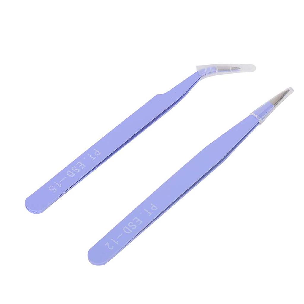 2Pcs Stainless Steel Nail Art Tweezers Anti Static Straight Curved Manicure Tweezers Purple