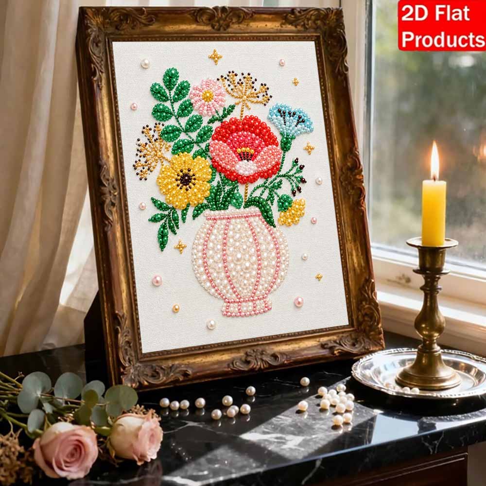 Beautiful Framed Pearl Painting Kit Colorful Flower Vase Design DIY 3D Bead Art Canvas Creative Wall Decor Gift for Adults