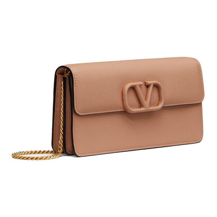 Valentino Vlogo Signature Grain Calfskin Chain Shoulder Bag Clutch Tote Wallet Women Bags Cinnamon-Pink ZW2P0-S93RQR-GF9