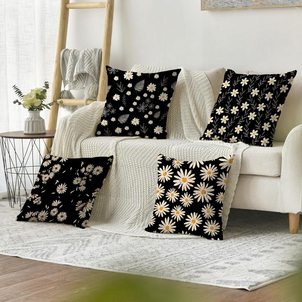 Black Daisy Cushion Cover Natural Linen Organic Fabric Double-Sided Printing Sofa Home Decor Gift Pillow Cover