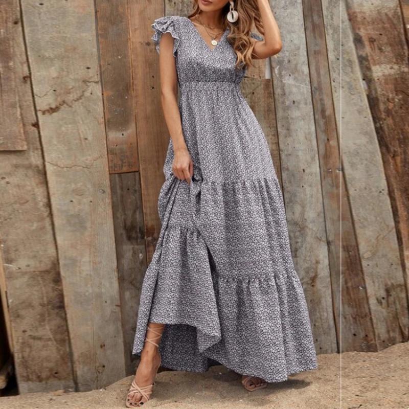 Maxi Abito Estivo Boho da Donna con Stampa Floreale Ditsy, Scollo a V, Vita Alta, Maniche a Volant, A Balze, Casual, per Vacanze al Mare