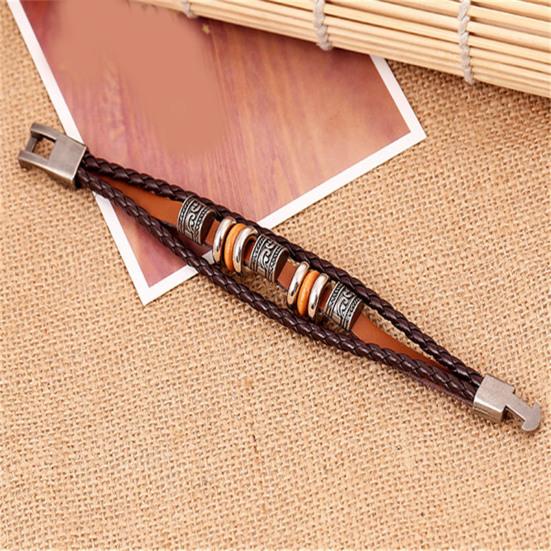 Men Bracelet Vintage Three Layers Braided Ethnic Stainless Alloy Hand-woven Exquisite Lightweight Faux Leather Decorative Wrist Strap