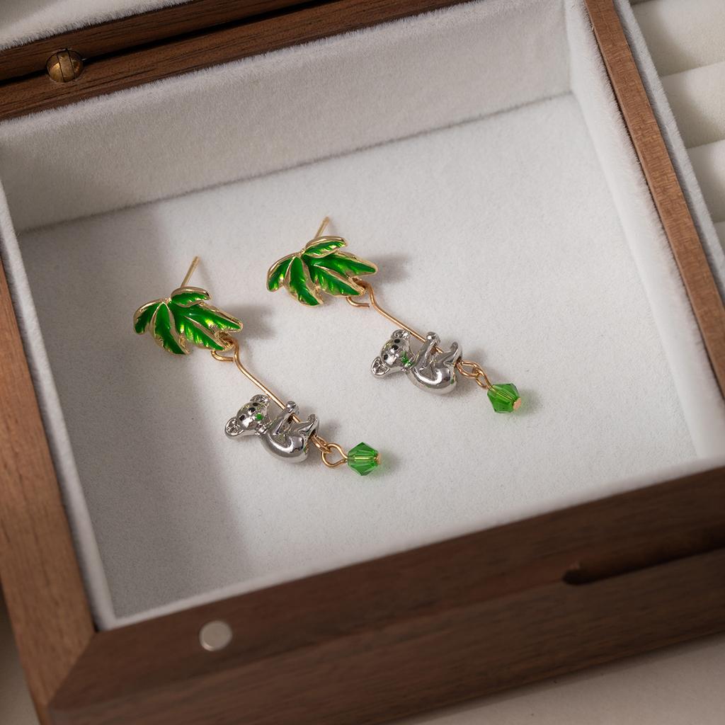 Fresh Mori Green Leaf Koala Fringed Earrings Niche Design Cute Temperament Earrings