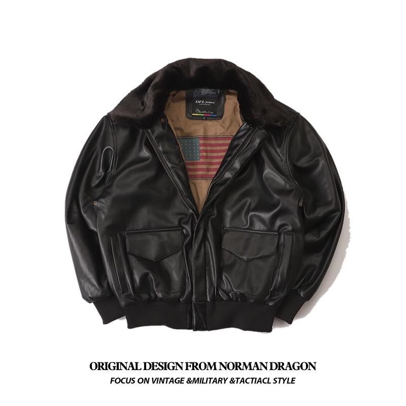 Normanlong Men's Retro A2 Aviator Jacket - American Military Vietnam War Leather with Fur Collar & Cotton Lining
