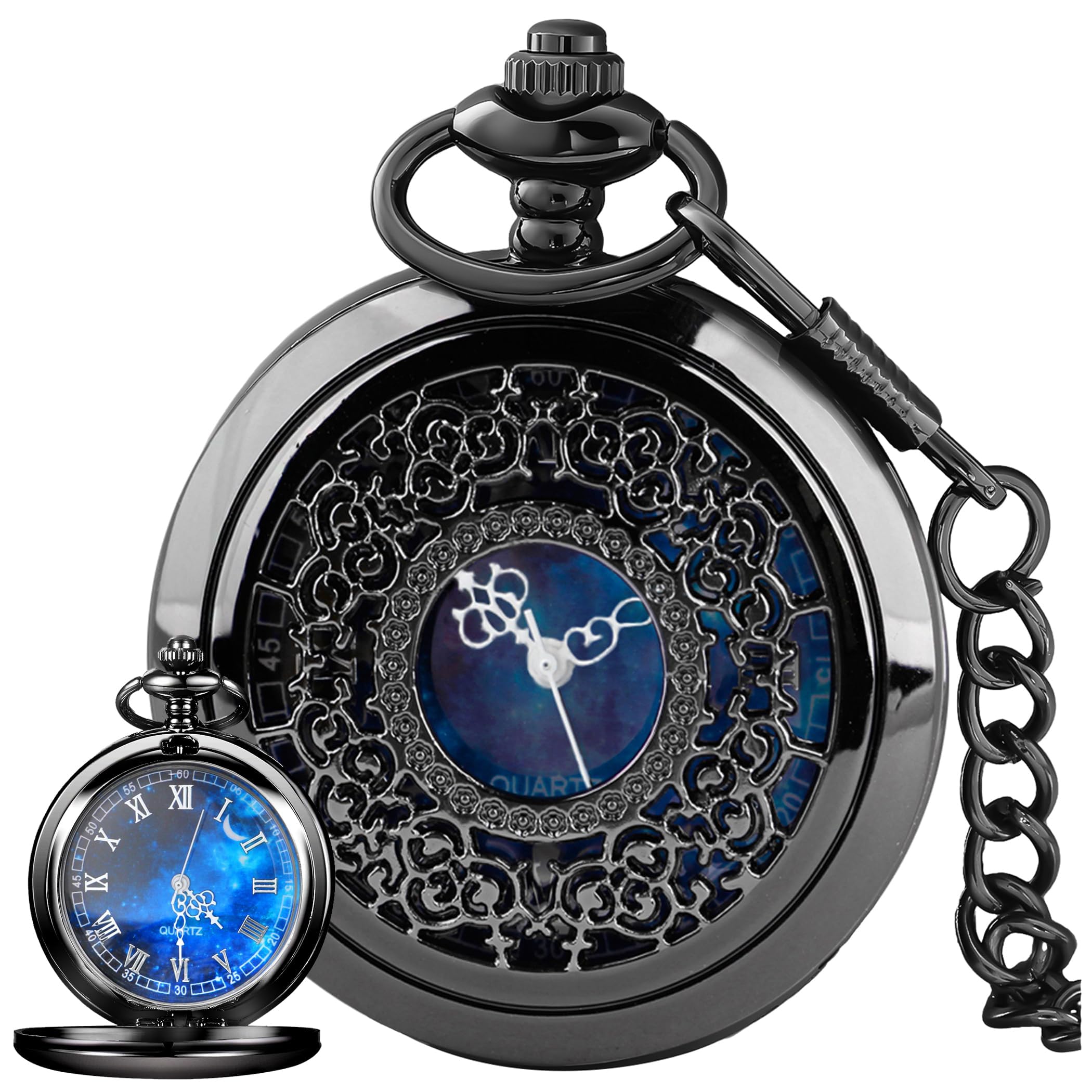 

Tiong Pocket Watch, Hollow Blue Star Design, Roman Numerals, Quartz Movement, with Chain, ChristmasBirthday Gift, Black and Blue, Retro.