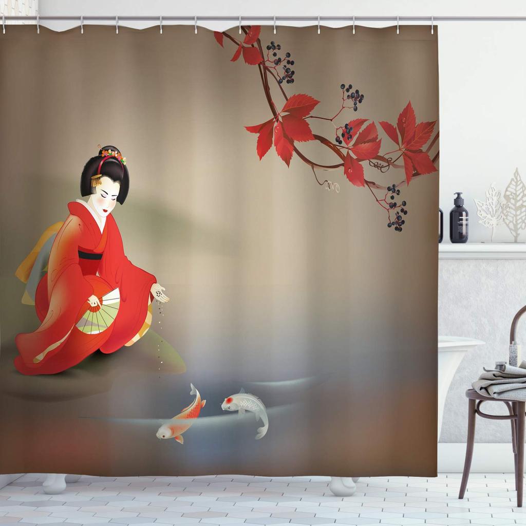 Japanese Waves Shower Curtain Cherry Blossom Pulm Flower Moon Koi Fish Kanagawa Waves Asian Romantic Fabric Bathroom Curtains