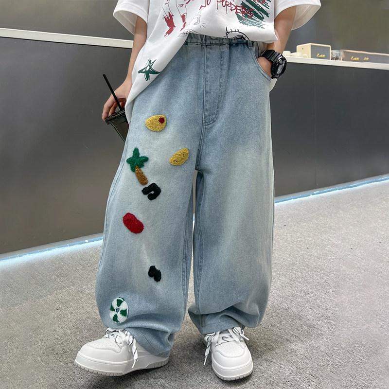 Boys  Spring/Fall Embroidered Denim Pants, Cartoon-Printed Casual Wide-Leg Pants 120