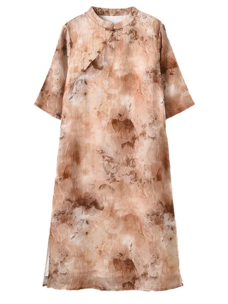 Johnature Chinese Style Ramie High Quality Dress Spring Summer Stand Retro Women A-Line Print Floral Dresses