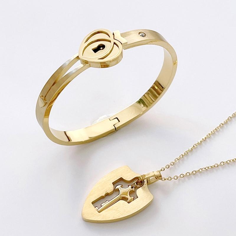 Lock Bracelet & for Key Necklace Set Heart Bangle for Men Women Couple for Titanium Steel Jewelry for Wedding Anniversar
