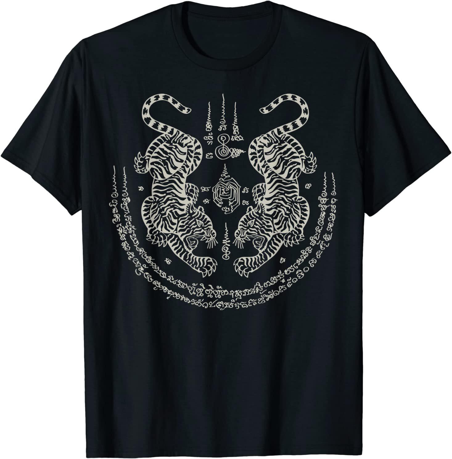 Sak Yant Thai Tattoo Twin Tiger Muay Magical Thailand Gift T-Shirt Size S-4xl 2XL