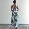 Tuta da donna a costine con gamba larga, senza maniche, vita stretta e vestibilità slim, stile europeo e americano, tendenza moda, pantaloni in maglia