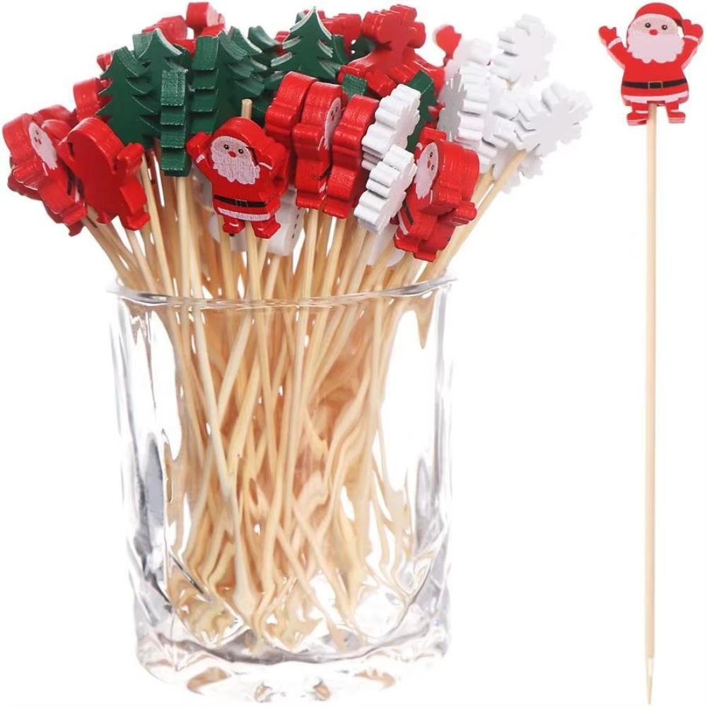 50/100Pcs Disposable Christmas Fruit Picks Santa Claus Fruit Salad Bamboo Sticks  Dessert