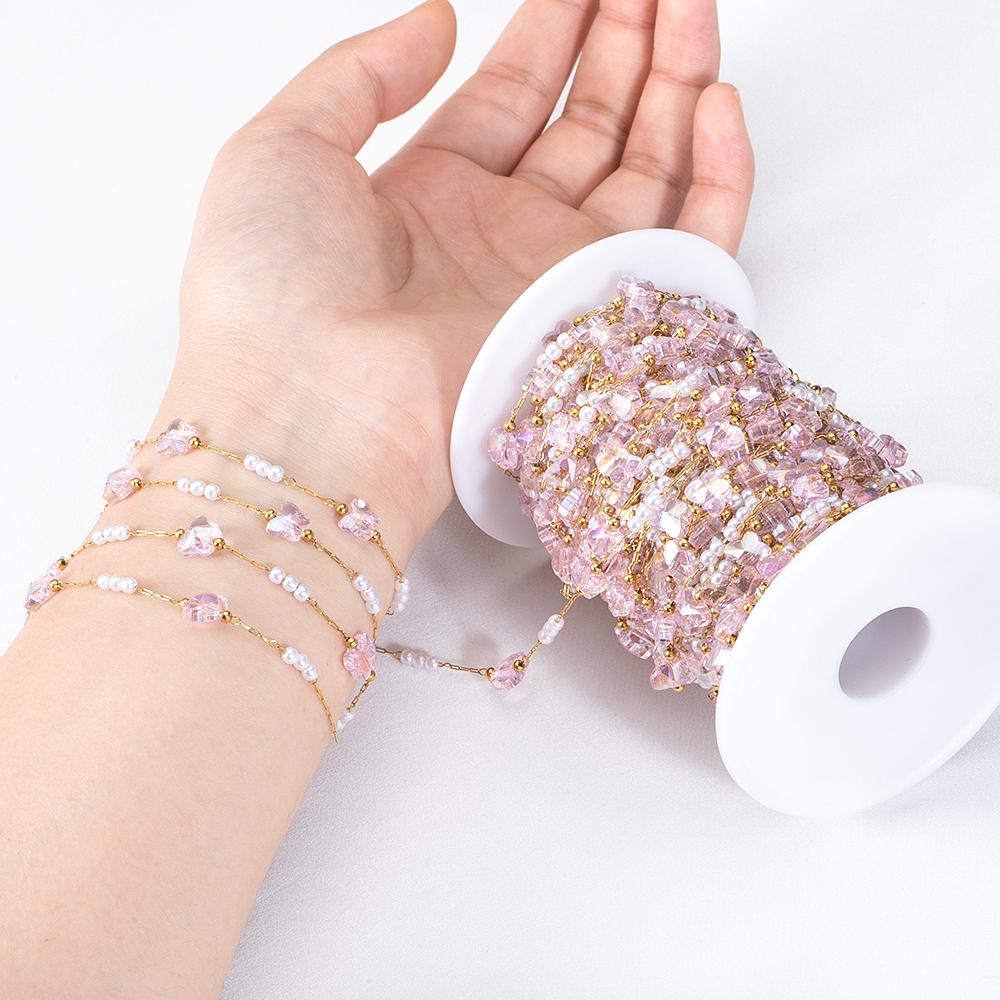 No Fade 1Meter Stainless Steel Crystal Butterfly Pink Flower Beaded Chains for Bracelet Necklace DIY Jewelry Findings Quality