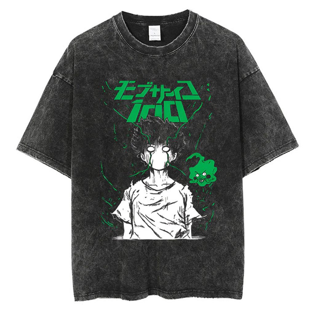 Anime Mob Psycho Graphic Washed T Shirt Men Streetwear Harajuku Vintage Cotton T-Shirt Summer Short Sleeve Casual T Shirt