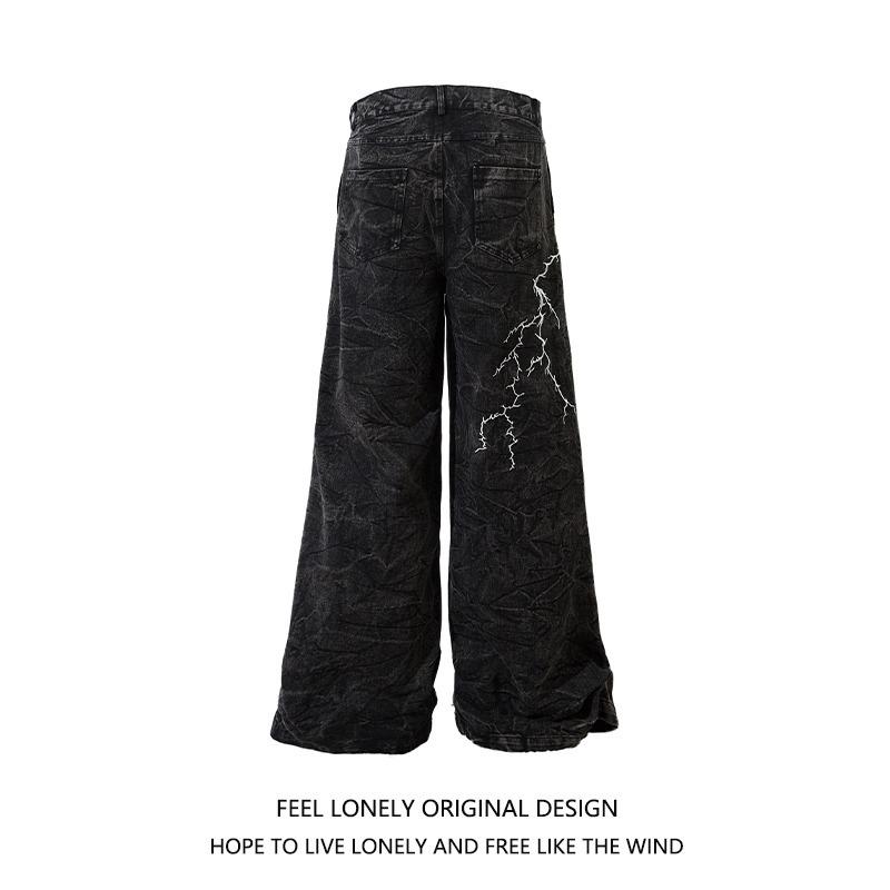 2025 Niche Embroidered Lightning Loose Jeans for Men & Women - Casual Street Style Straight-Leg Floor-Length Pants