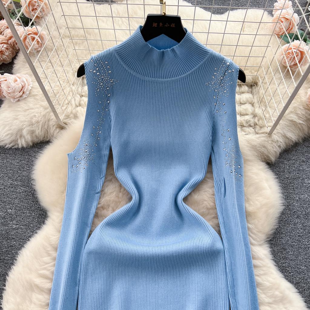 Elegante strass con spalle scoperte manica lunga maglia aderente abito tubino slim basic moda maglione vestido abbigliamento invernale sexy