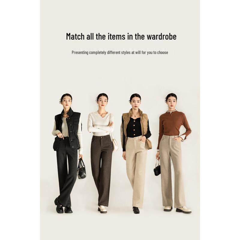 MengShuYa Women's Slim-Fit Wool Blend Straight-Leg Casual Pants