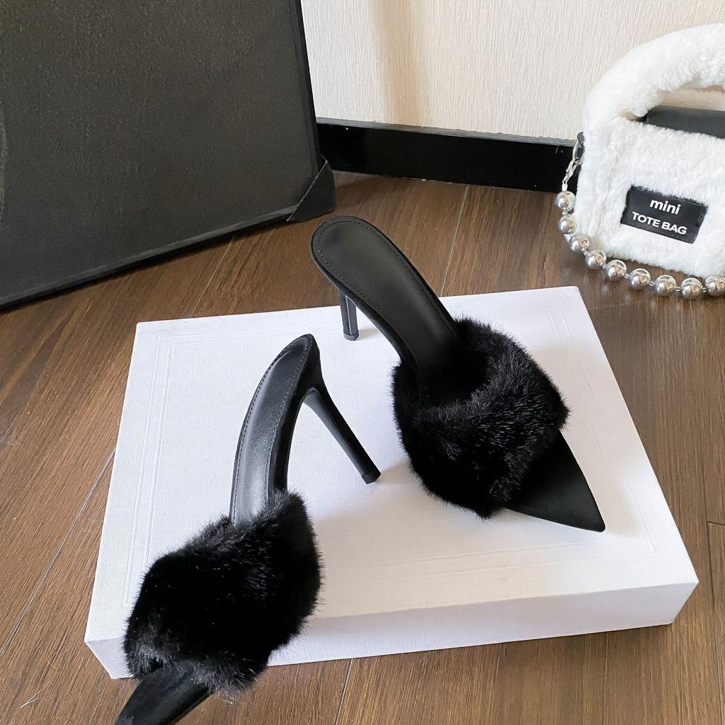 Women's Super High Heel 8.5CM Furry Slippers Faux Fur Slip-on Fashion Designer Sexy Pointy Toe Sandals for Woman Sandalias Mujer