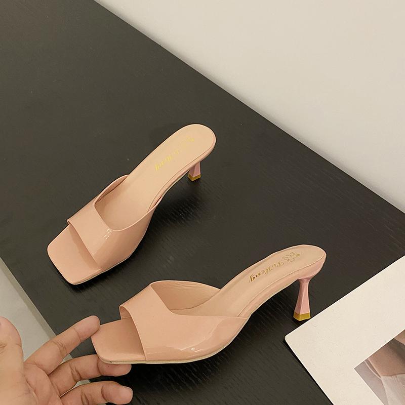

New Summer Women High Heel Slippers Fashion Square Toe Slip On Slide Ladies Elegant Dress Sandalias 35 телесный