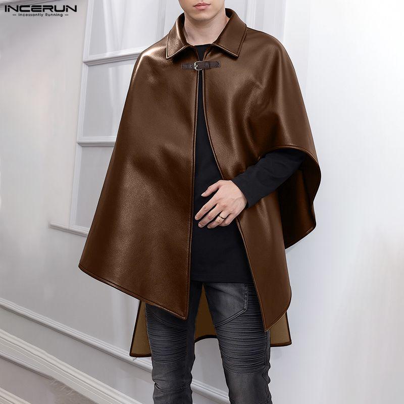 INCERUN Men Autumn Winter PU Leather Cloaks Casual Loose Warm Cape Coats